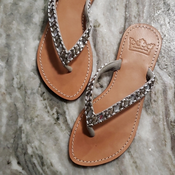 Crown Shoes - Crown | Genuine Leather Crystal Thong Sandals 10